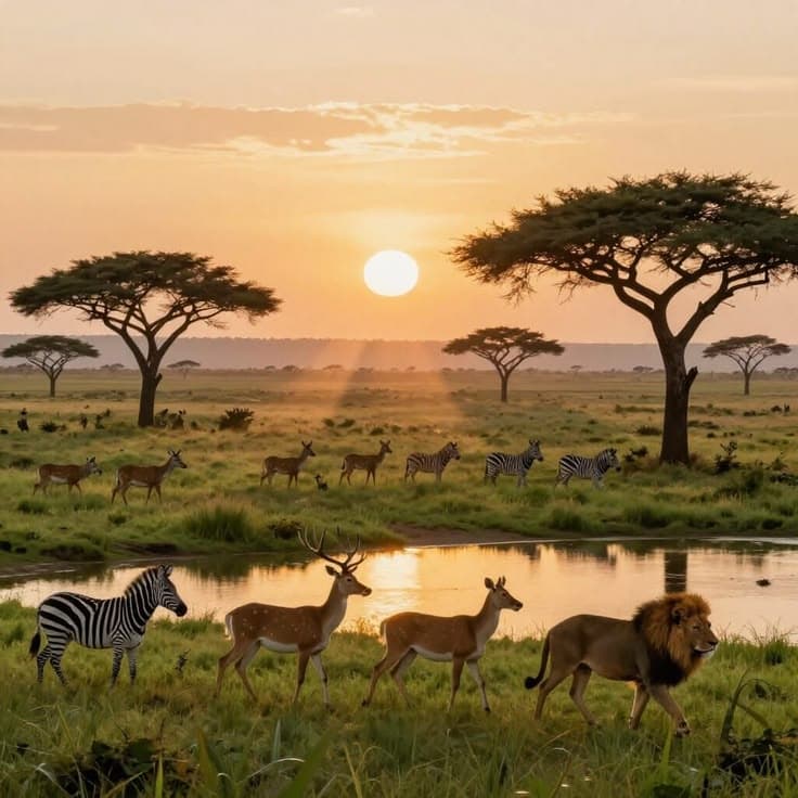 Wildlife grazing on the Zambian savanna at sunrise